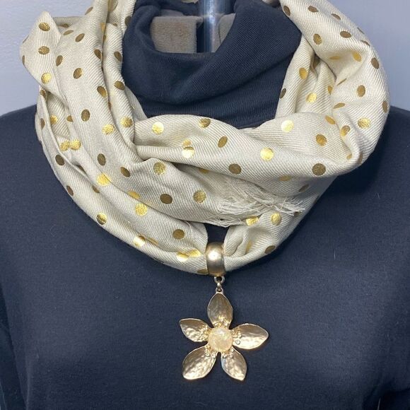 Gold tone flower scarf charm with rhinestones and opal like stone in center 3” - Picture 6 of 9